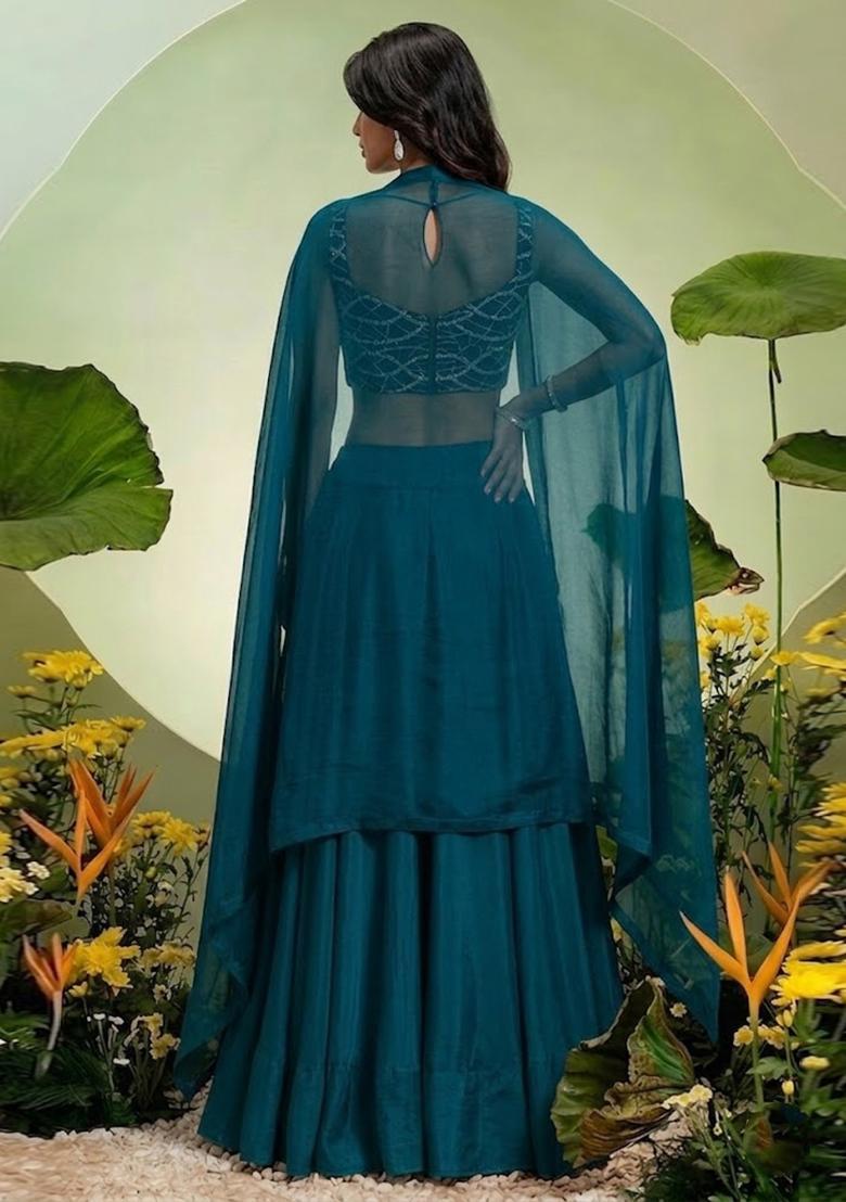 Teal Embroidered Georgette Lehenga Set - Indya