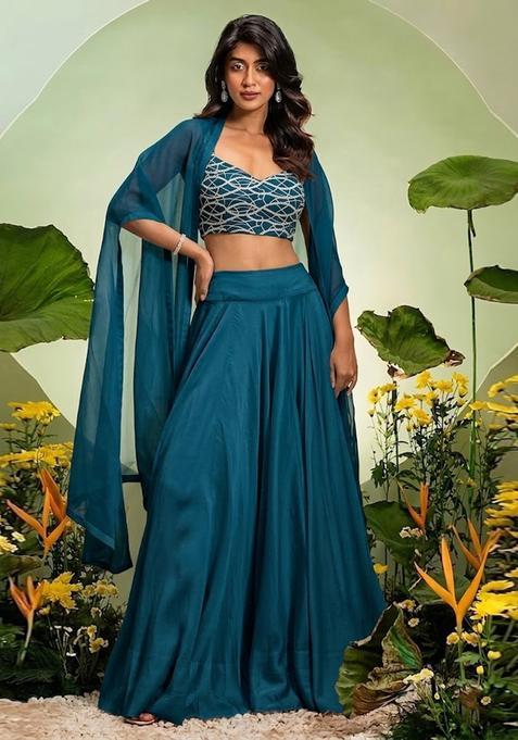 Teal Embroidered Georgette Lehenga Set