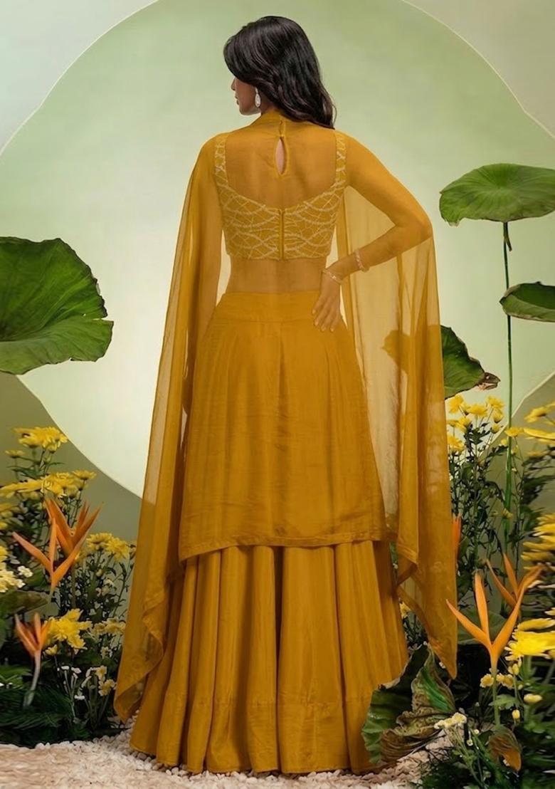 Yellow Embroidered Georgette Lehenga Set - Indya