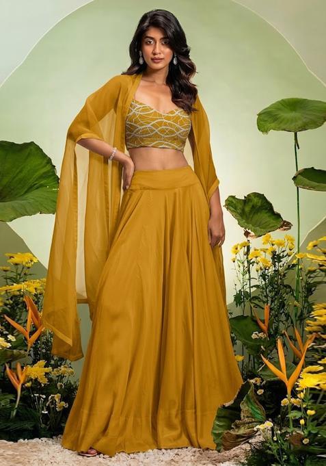 Yellow Embroidered Georgette Lehenga Set