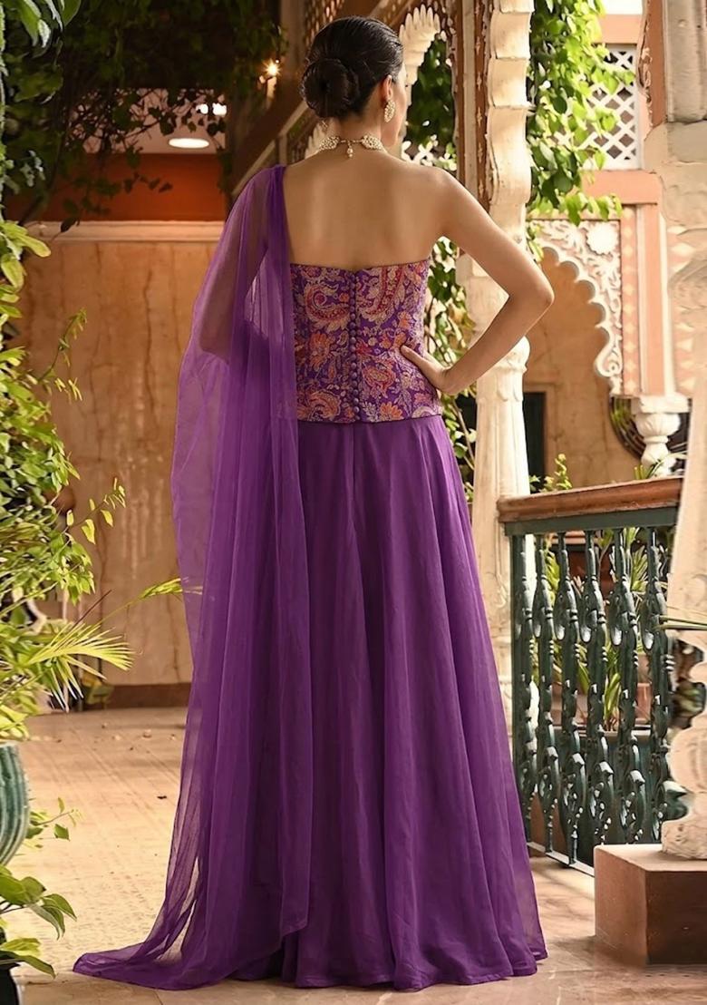 Violet Purple Embroidered Crepe Lehenga Set - Indya