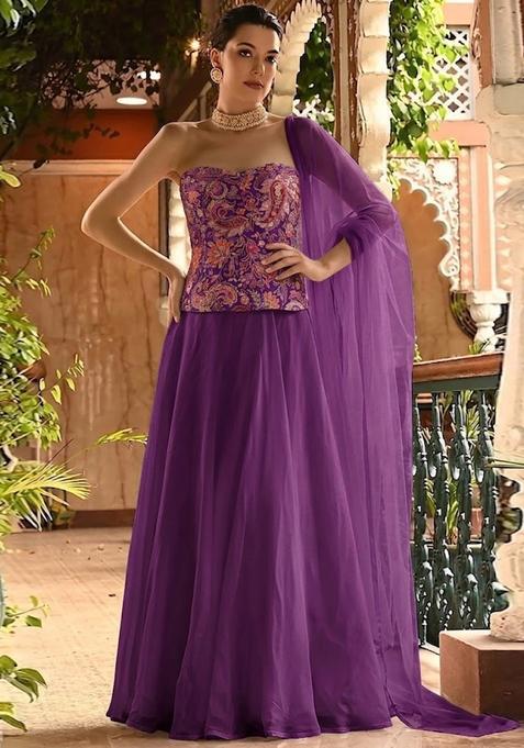 Violet Purple Embroidered Crepe Lehenga Set