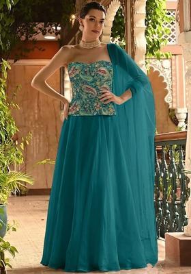 Blue Embroidered Crepe Lehenga Set