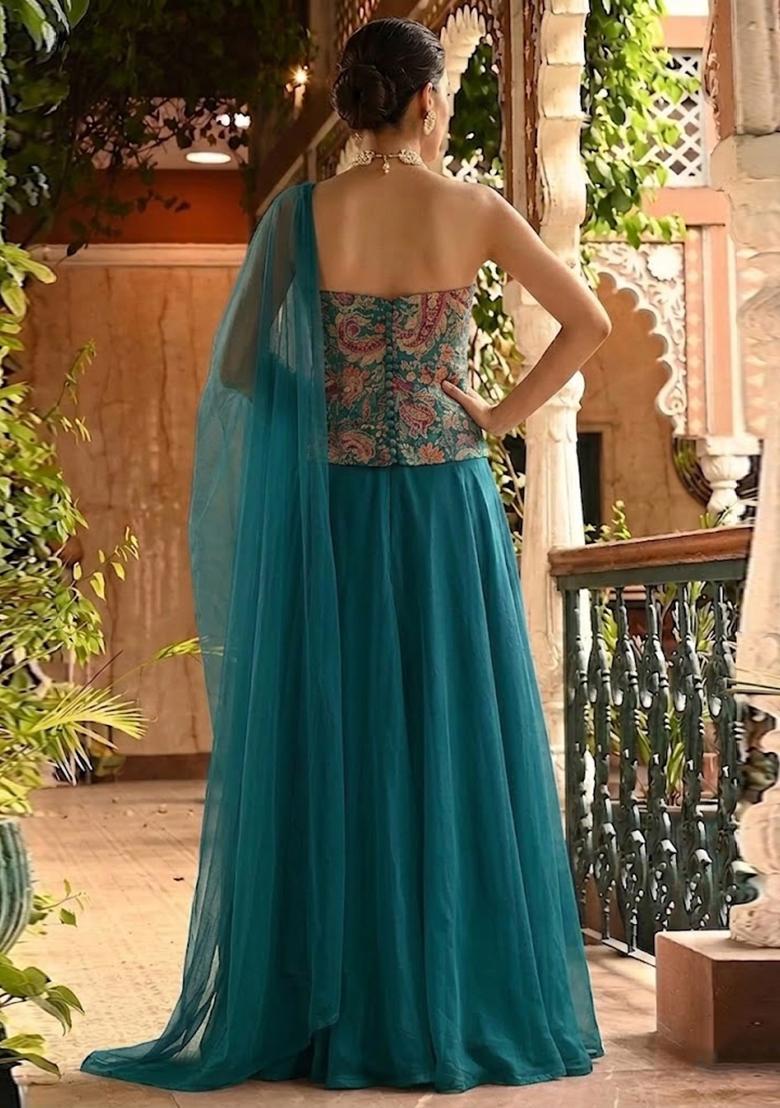 Blue Embroidered Crepe Lehenga Set - Indya