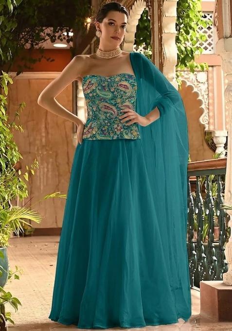 Blue Embroidered Crepe Lehenga Set