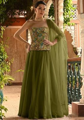 Olive Green Embroidered Crepe Lehenga Set
