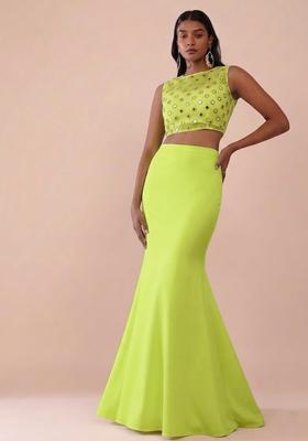 Lime Green Embroidered Crepe Fusion Set