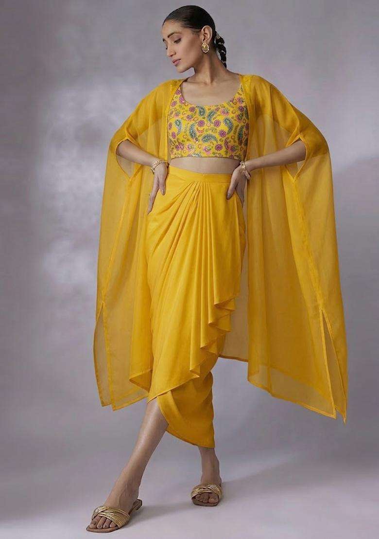 Bright Yellow Crepe Fusion Set with Printed for Diwali | Wedding & Festive Wear - Indya