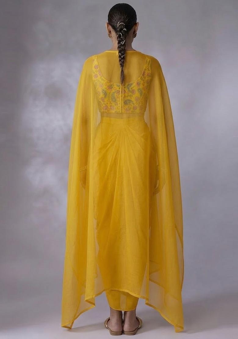 Bright Yellow Printed Crepe Fusion Set - Indya