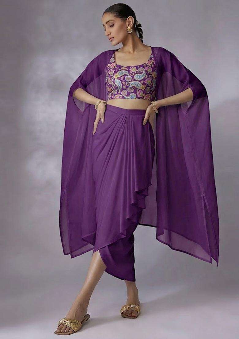 Purple Crepe Fusion Set with Printed for Diwali | Wedding & Festive Wear - Indya