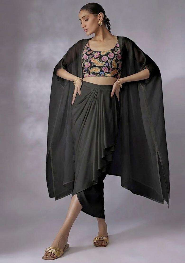 Black Printed Crepe Fusion Set for Diwali and Festive Wear - Indya