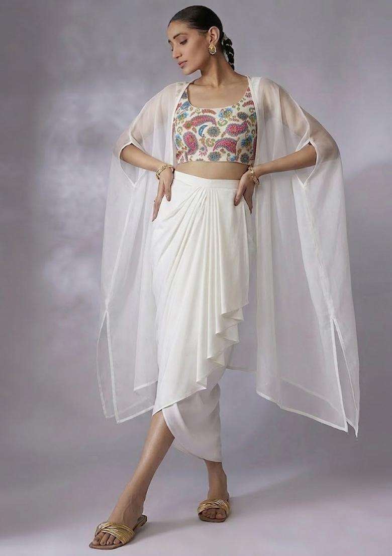 White Crepe Fusion Set with Printed for Diwali | Wedding & Festive Wear - Indya