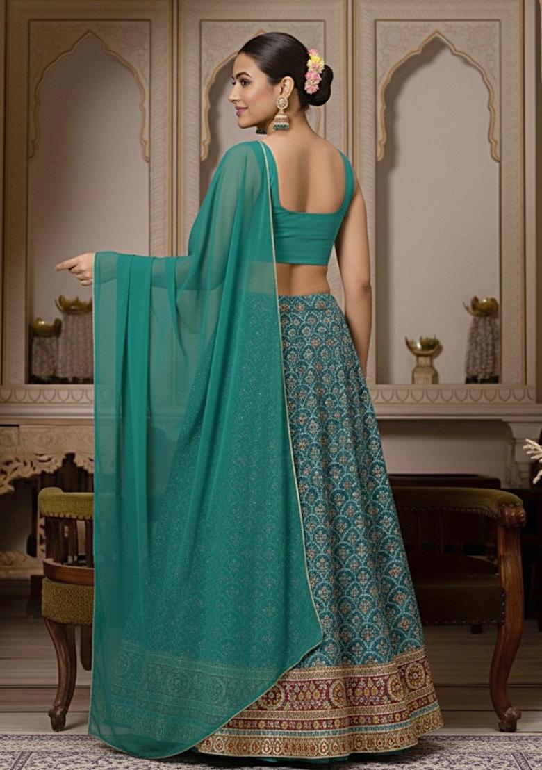 Teal Green Handwork Lehenga Set - Indya