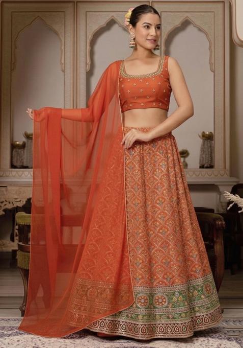 Rust Orange Handwork Lehenga Set