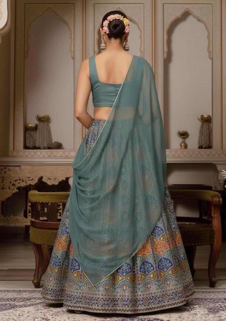Teal Green Handwork Lehenga Set - Indya