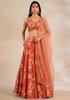 Orange Printed Handwork Georgette Lehenga Set