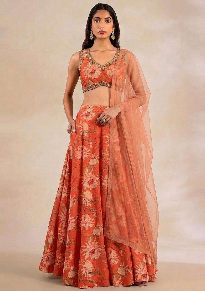 Orange Printed Handwork Georgette Lehenga Set - Indya