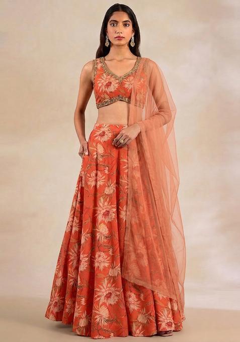 Orange Printed Handwork Georgette Lehenga Set