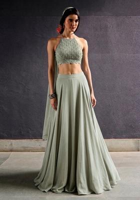 Sage Green Embroidered Handwork Lehenga Set