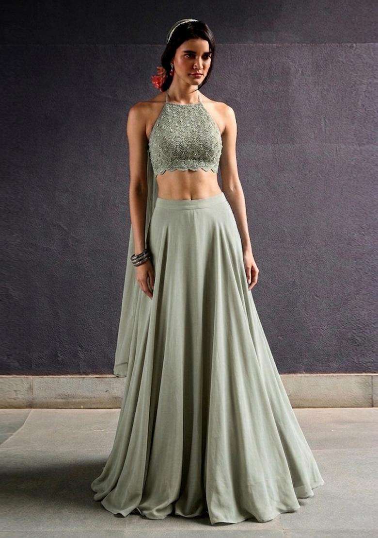 Sage Green Embroidered Handwork Lehenga Set - Indya