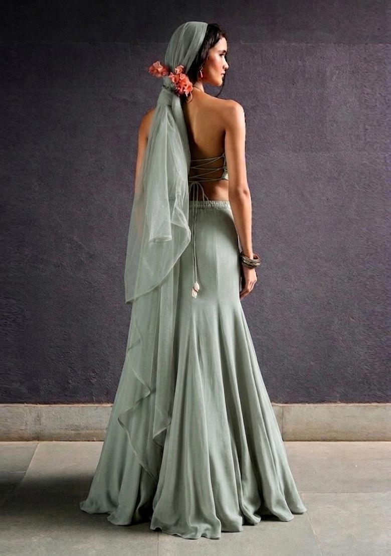Sage Green Embroidered Handwork Lehenga Set - Indya