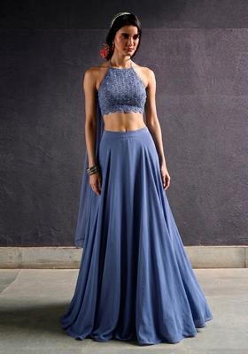Slate Blue Embroidered Handwork Lehenga Set