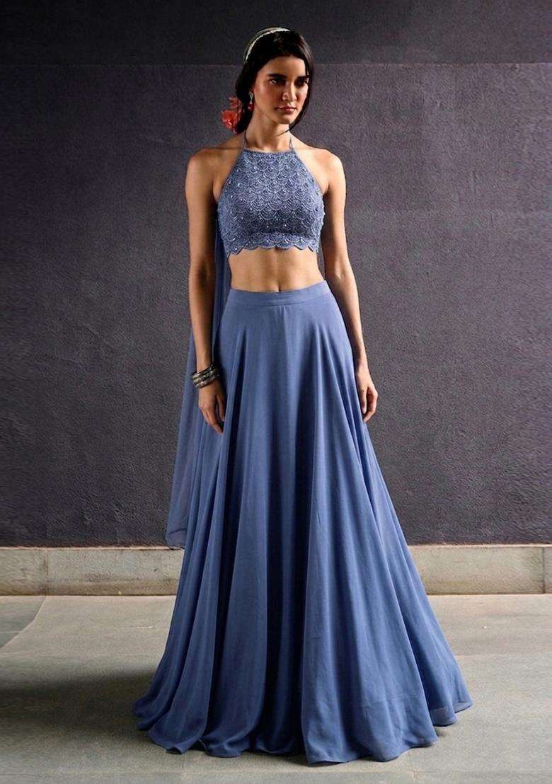 Slate Blue Embroidered Handwork Lehenga Set - Indya