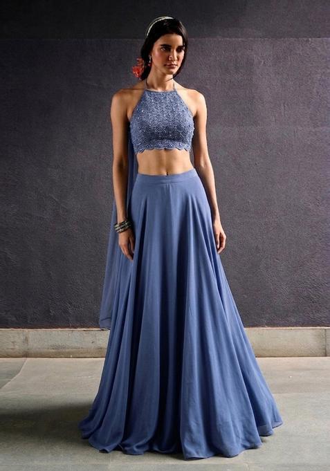 Slate Blue Embroidered Handwork Lehenga Set