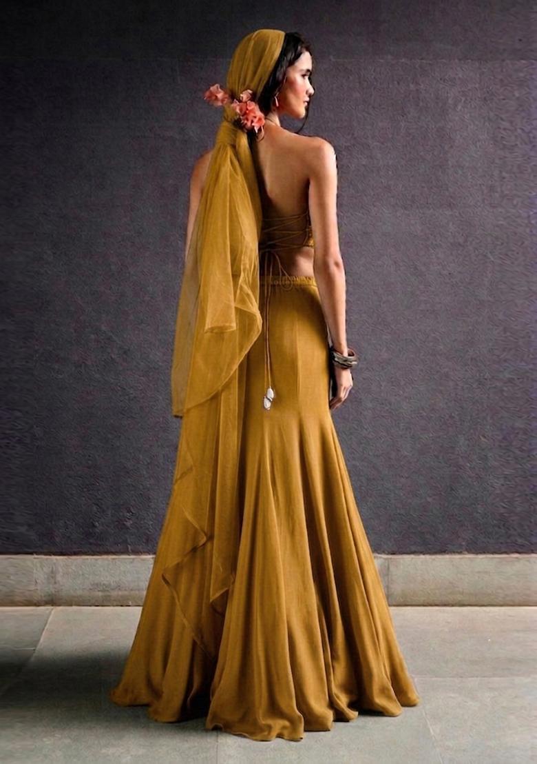 Golden Yellow Embroidered Handwork Lehenga Set - Indya