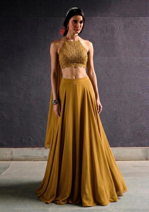 Golden Yellow Embroidered Handwork Lehenga Set