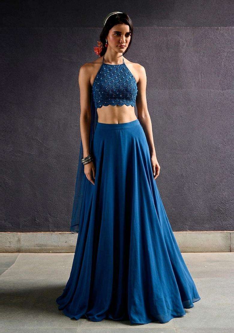 Peacock Blue Embroidered Handwork Lehenga Set - Indya