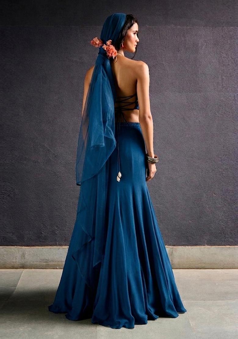 Peacock Blue Embroidered Handwork Lehenga Set - Indya
