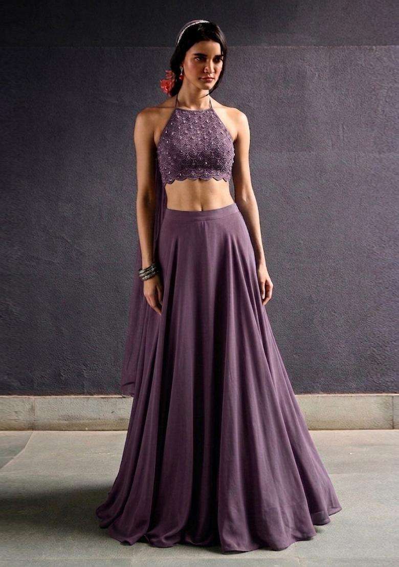 Mauve Purple Embroidered Handwork Lehenga Set - Indya