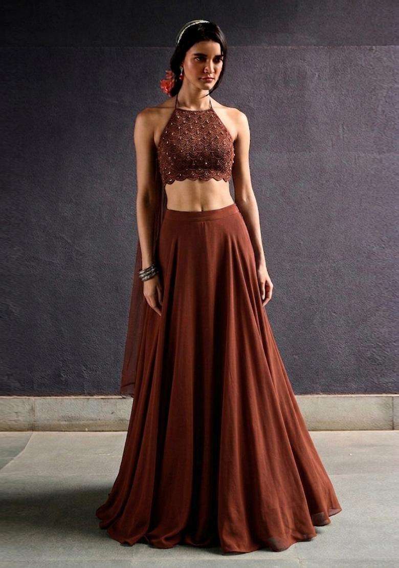 Chocolate Brown Embroidered Handwork Lehenga Set - Indya