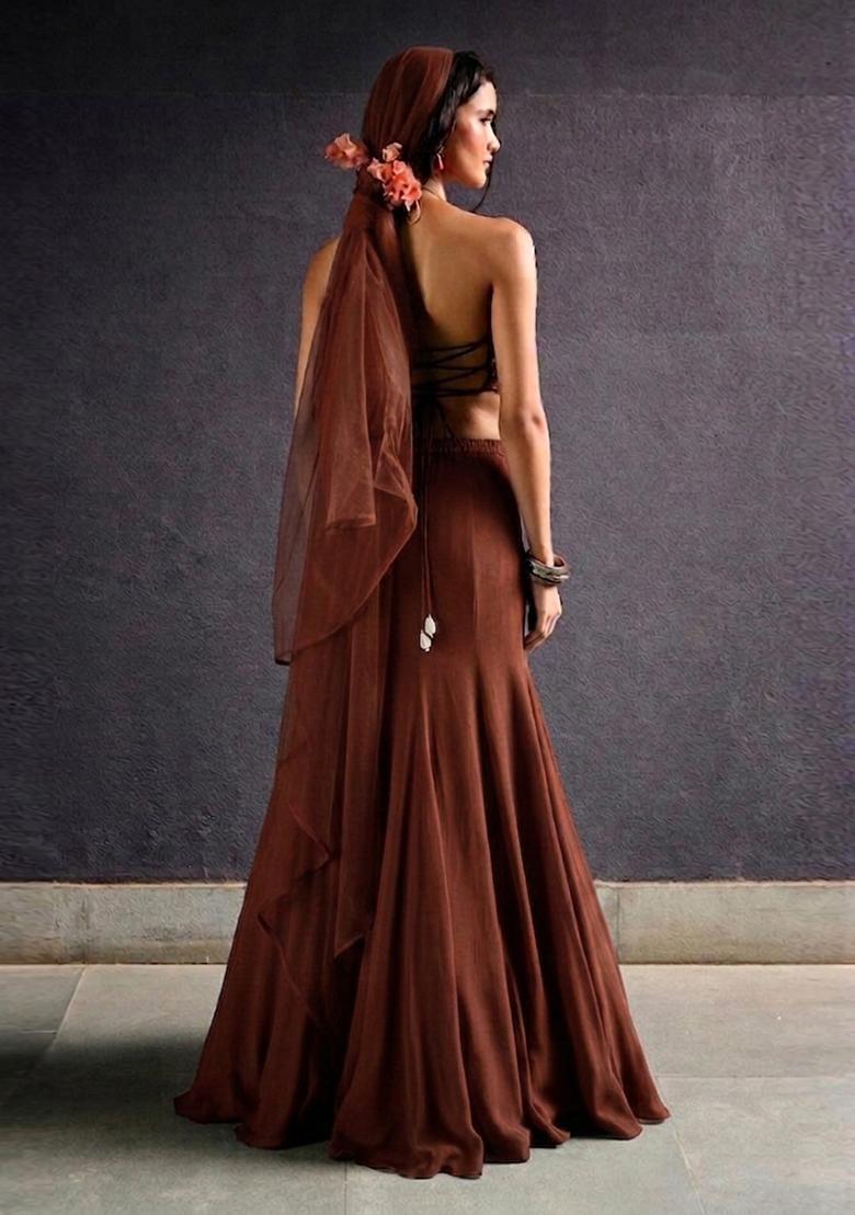 Chocolate Brown Embroidered Handwork Lehenga Set - Indya