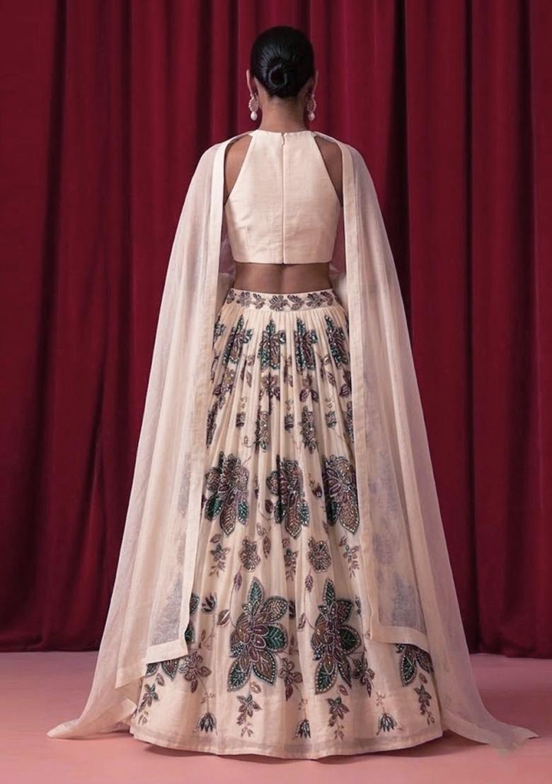 Ivory Printed Organza Lehenga Set - Indya