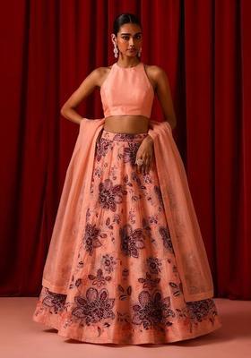 Peach Pink Printed Organza Lehenga Set