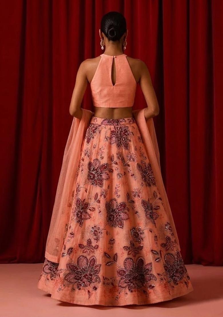 Peach Pink Printed Organza Lehenga Set - Indya
