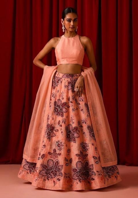 Peach Pink Printed Organza Lehenga Set