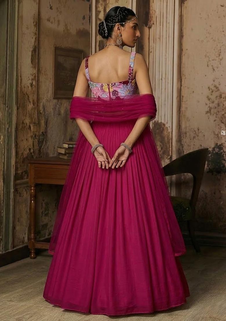 Magenta Pink Printed Crepe Lehenga Set - Indya