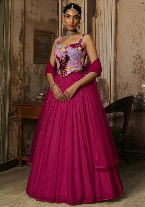Magenta Pink Printed Crepe Lehenga Set