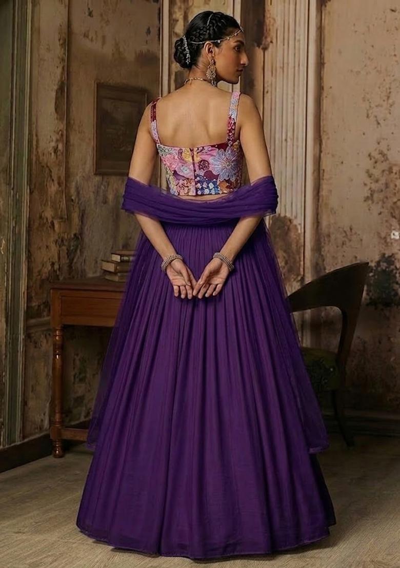 Purple Printed Crepe Lehenga Set - Indya