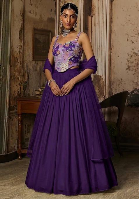 Purple Printed Crepe Lehenga Set