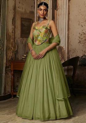 Olive Green Printed Crepe Lehenga Set