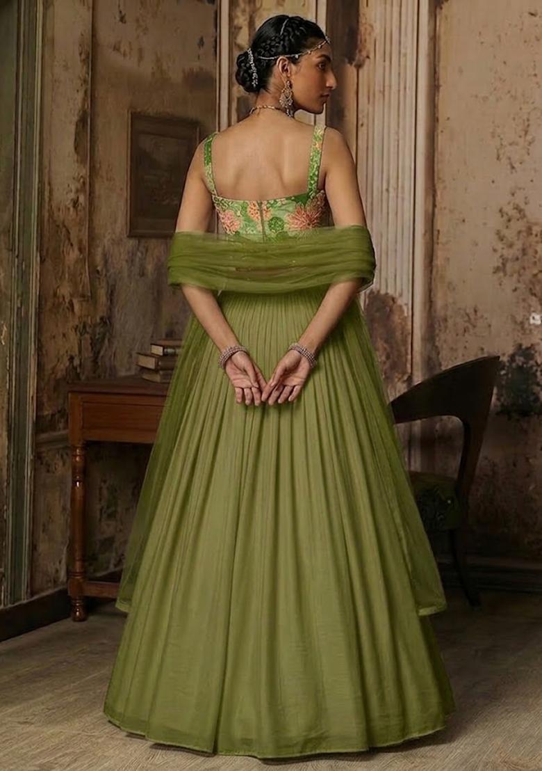 Olive Green Printed Crepe Lehenga Set - Indya