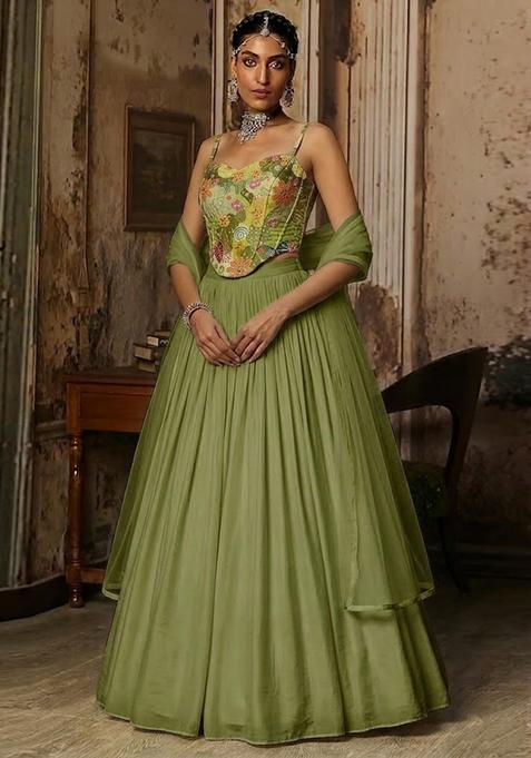 Olive Green Printed Crepe Lehenga Set