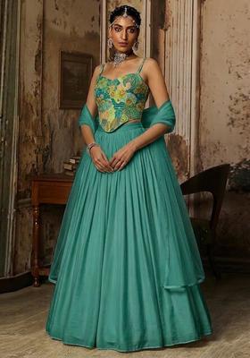 Blue Printed Crepe Lehenga Set