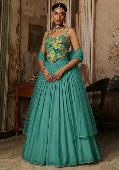 Blue Printed Crepe Lehenga Set