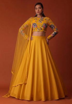 Mustard Yellow Printed Organza Lehenga Set