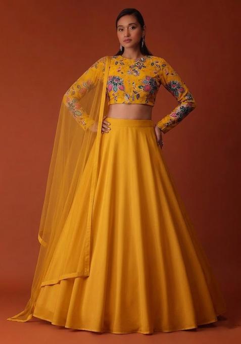 Mustard Yellow Printed Organza Lehenga Set